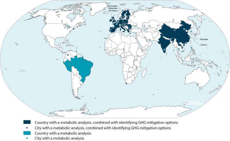 Cities and countries - CE scans and GHGOverview of countries and cities which completed a metabolic analysis, and of those which used such an approach to identify GHG mitigation opportunities